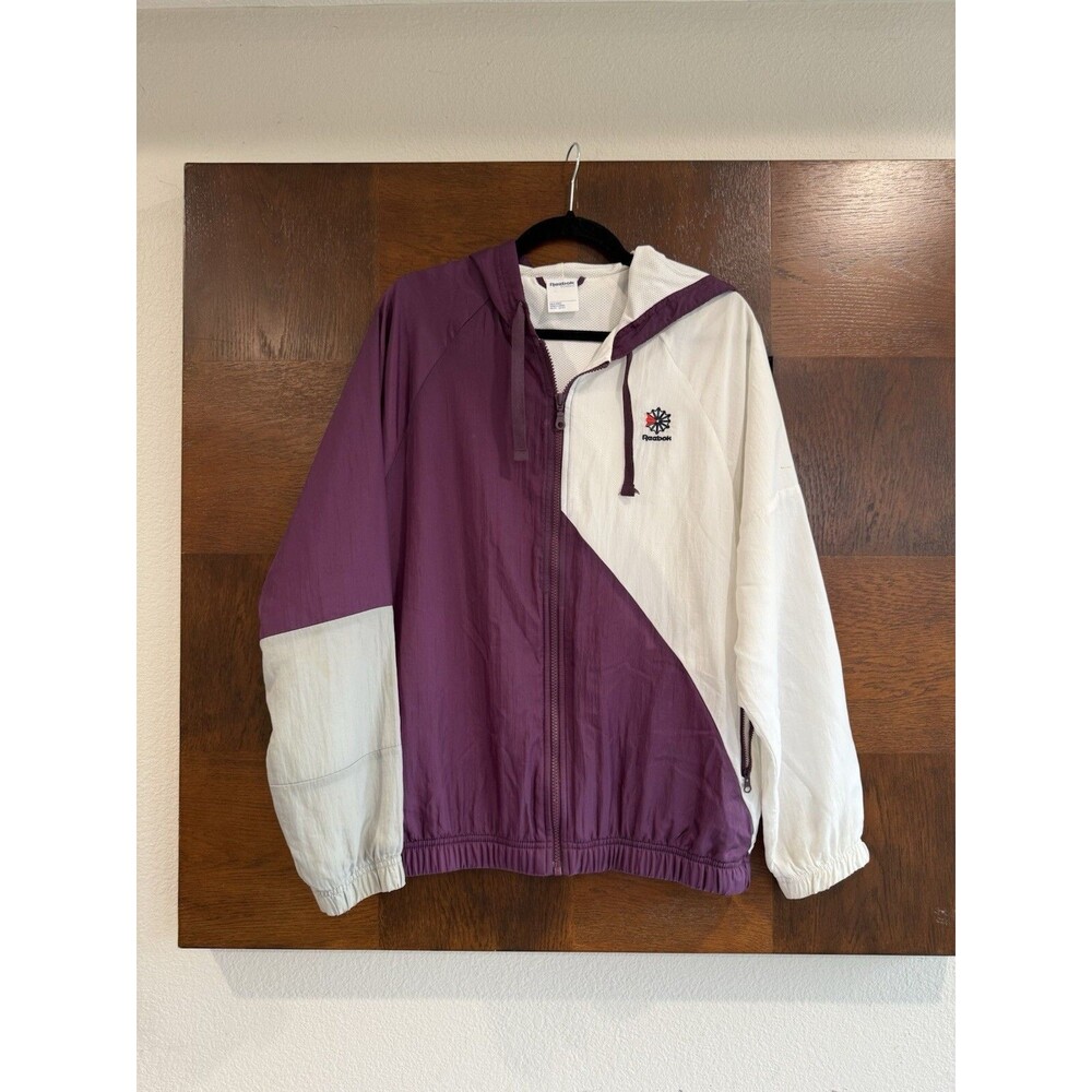 Reebok Womens Windbreaker Jacket White & Purple Full Zip-Up Size Large